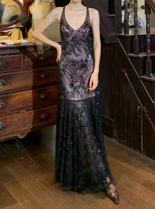 90s Vintage Prom Dress V-neck Mermaid Gala Gown Formal Evening Dress 18th Birthday Party Dress    D5216