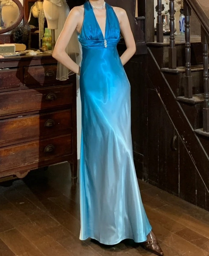 Beauty Prom Dress Ombre Blue Halter Gala Gown Formal A Line Evening Dress 18th Birthday Party Dress    D5221