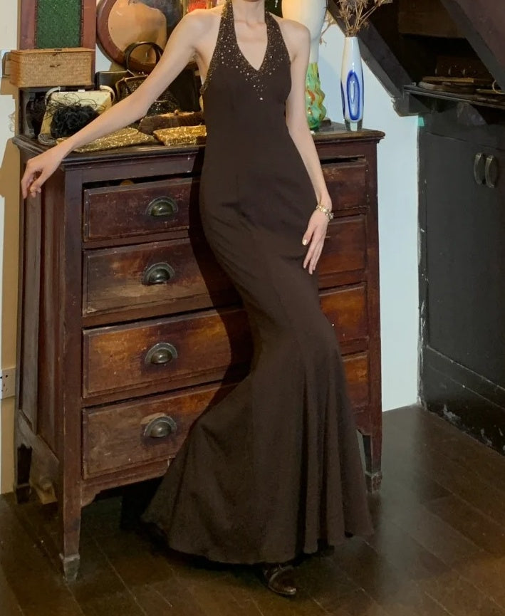 Elegant 90s Prom Dress V-neck Backless Mermaid Gala Gown Formal Evening Dress 18th Birthday Party Dress    D5222