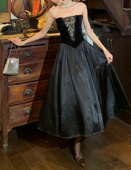 Retro 90s Prom Dress Black A Line Strapless Gala Gown Formal Evening Dress 18th Birthday Party Dress    D5223