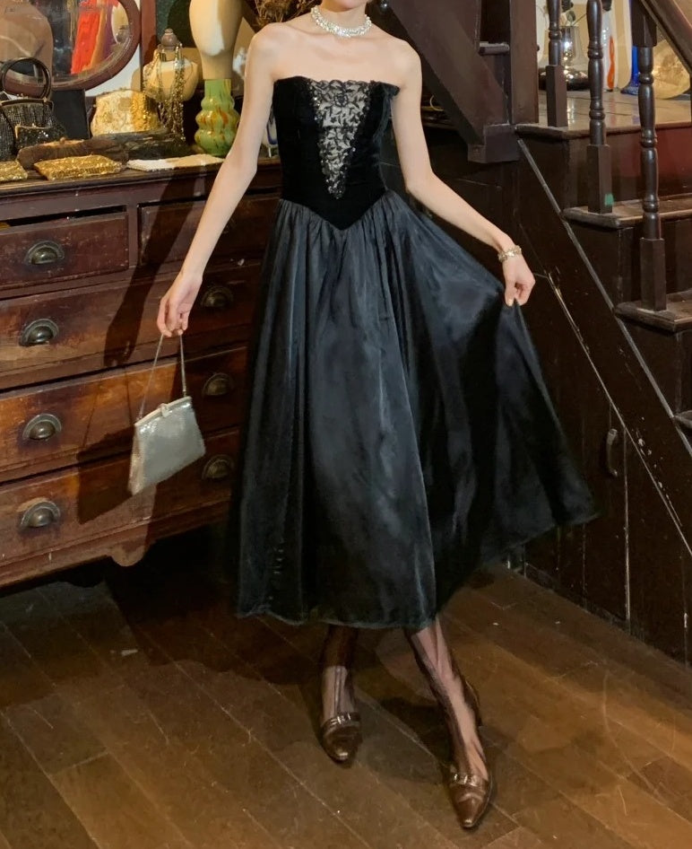 Retro 90s Prom Dress Black A Line Strapless Gala Gown Formal Evening Dress 18th Birthday Party Dress    D5223