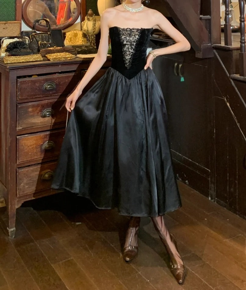 Retro 90s Prom Dress Black A Line Strapless Gala Gown Formal Evening Dress 18th Birthday Party Dress    D5223
