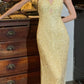 Shiny 90s Prom Dress Light Yellow V-neck Slit Gala Gown Formal Evening Dress 18th Birthday Party Dress    D5224