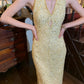 Shiny 90s Prom Dress Light Yellow V-neck Slit Gala Gown Formal Evening Dress 18th Birthday Party Dress    D5224