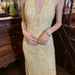Shiny 90s Prom Dress Light Yellow V-neck Slit Gala Gown Formal Evening Dress 18th Birthday Party Dress    D5224