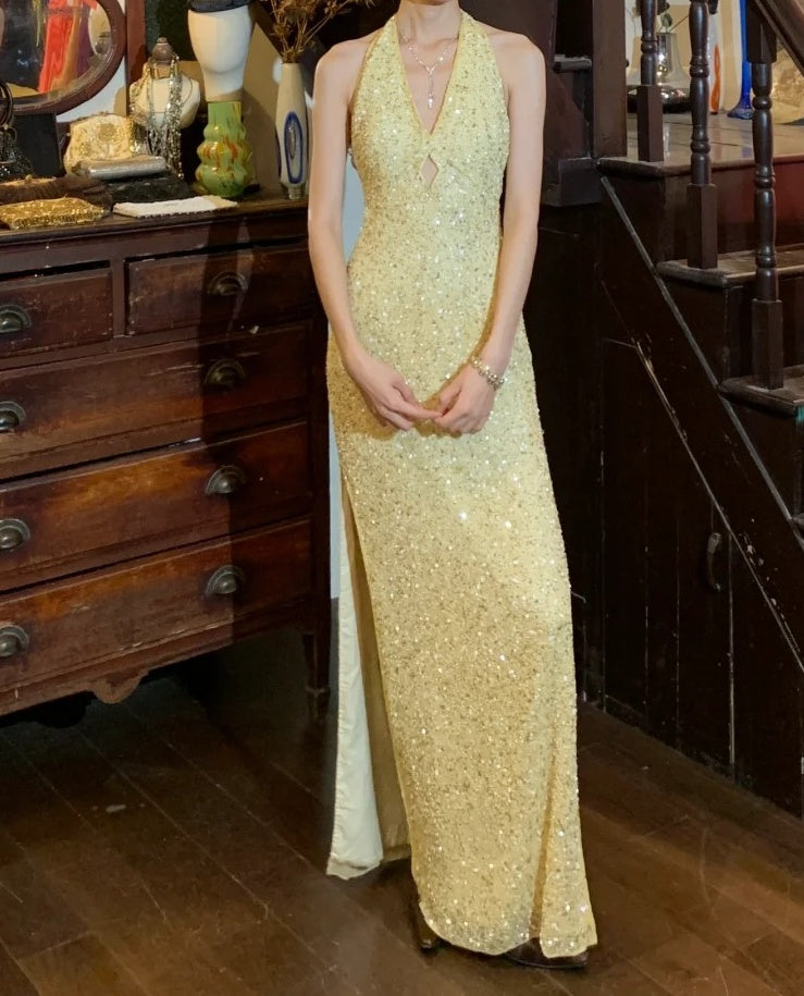 Shiny 90s Prom Dress Light Yellow V-neck Slit Gala Gown Formal Evening Dress 18th Birthday Party Dress    D5224