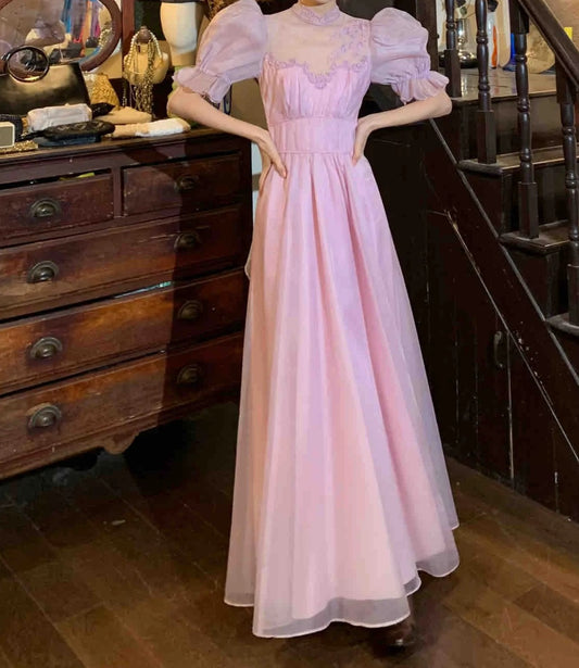 Retro 90s Prom Dress Pink A Line High-Collar Gala Gown Formal Evening Dress 18th Birthday Party Dress    D5225