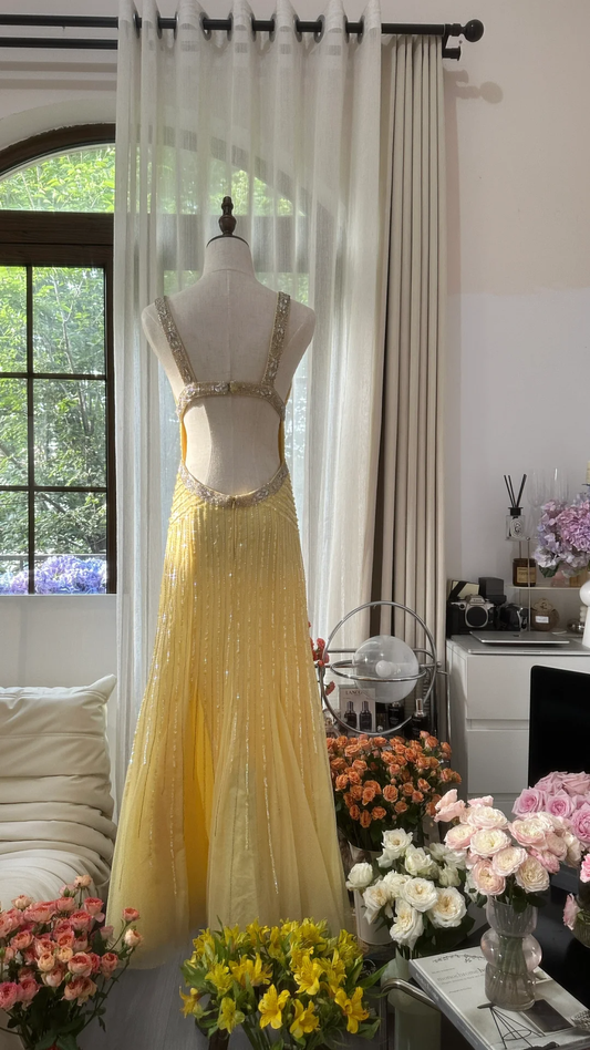 Retro Yellow Shinny Backless Design A-line Elegant Chiffon Evening Dress Prom Dress D1482