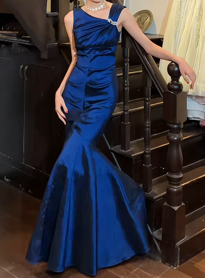 Retro 90s Prom Dress Navy Blue Asymmetrical Neck Mermaid Gala Gown Formal Evening Dress 18th Graduation Dress    D5240