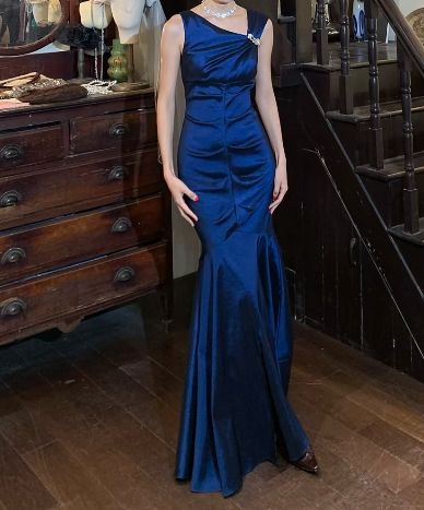 Retro 90s Prom Dress Navy Blue Asymmetrical Neck Mermaid Gala Gown Formal Evening Dress 18th Graduation Dress    D5240