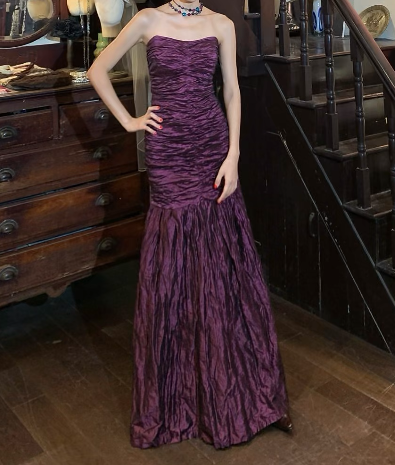 Retro 90s Prom Dress Dark Purple Strapless Pleated Mermaid Gala Gown Formal Evening Dress Graduation Dress    D5241