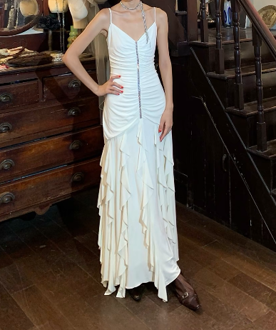 Vintage 90s Prom Dress White Spaghetti Straps Pleated Gala Gown Formal Evening Dress Graduation Dress    D5242