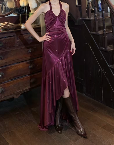 Shiny 90s Prom Dress Halter Pleated Gala Gown Evening Dress Graduation Dress    D5243