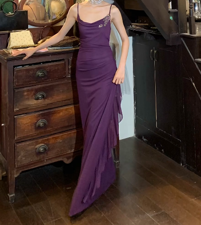 Elegant Prom Dress Purple Red Spaghetti Straps Pleated Gala Gown Evening Dress Birthday Party Dress    D5245