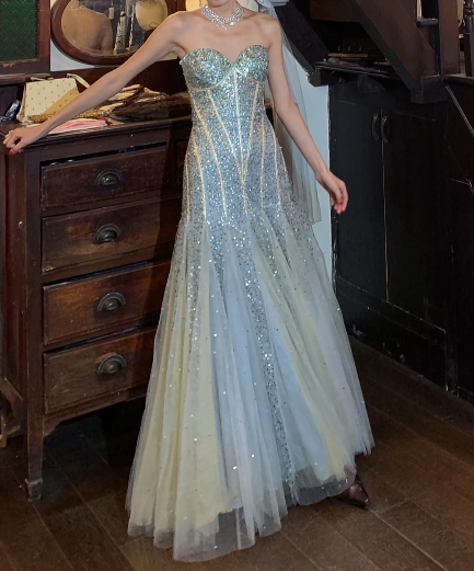 Shiny Prom Dress Sweetheart Tulle Mermaid Gala Gown Evening Dress Birthday Party Dress    D5248