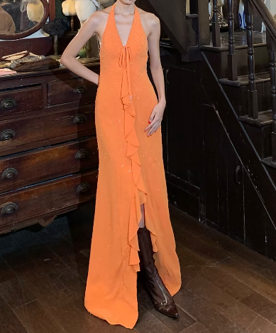 Retro 90s Prom Dress V-neck Backless Slit Gala Gown Evening Dress Birthday Party Dress    D5254