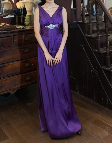 Elegant 90s Prom Dress Purple V-neck Pleated Gala Gown Evening Dress Birthday Party Dress    D5256