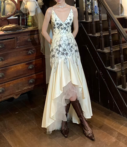 Retro 90s Prom Dress V-neck Mermaid Gala Gown Evening Dress    D5262