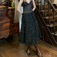 Vintage 50s Prom Dress Black V-neck Pleated Gala Gown Evening Dress    D5266