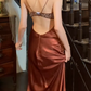 Retro 90s Prom Dress A Line Satin Spaghetti Straps Backless Gala Gown Evening Dress    D5283