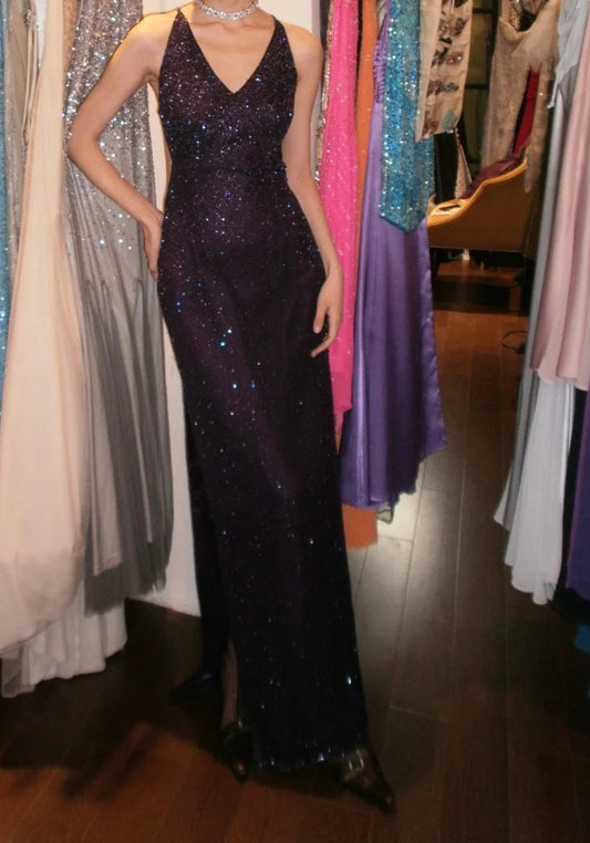 Sparkling 90s Prom Dress V-neck Gala Gown Evening Dress Birthday Party Dress   D5284