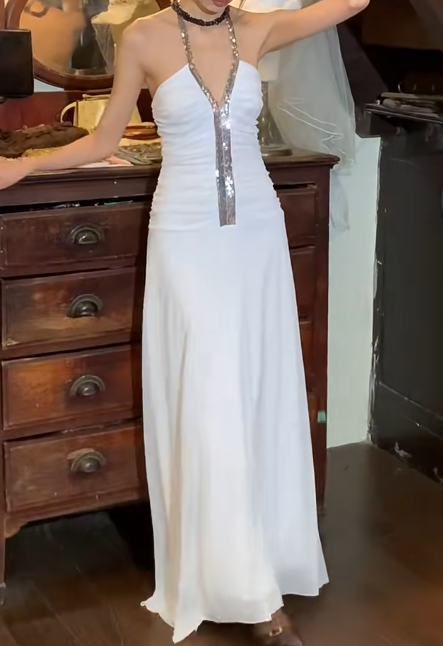 Charming 90s Prom Dress White A Line Halter Gala Gown Evening Dress    D5286