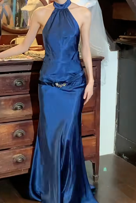 Retro 90s Prom Dress Satin Halter Gala Gown Evening Dress Birthday Party Dress  D5291