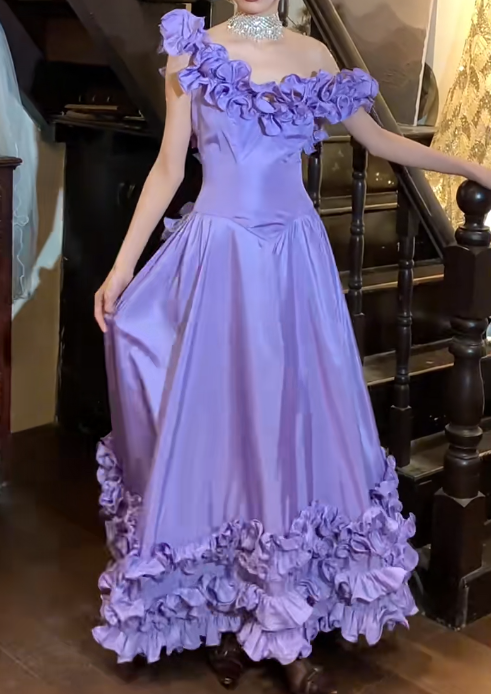 Vintage 90s Prom Dress Satin Light Purple Off Shoulder Pleated Gala Gown Evening Dress  D5292