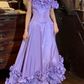 Vintage 90s Prom Dress Satin Light Purple Off Shoulder Pleated Gala Gown Evening Dress  D5292