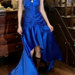 90s Prom Dress Satin Royal Blue Halter Pleated Mermaid Gala Gown Evening Dress  D5295
