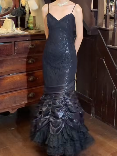 Retro 90s Prom Dress Spaghetti Straps Pleated Mermaid Gala Gown Evening Dress  D5296