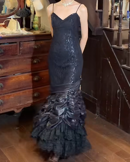 Retro 90s Prom Dress Spaghetti Straps Pleated Mermaid Gala Gown Evening Dress  D5296