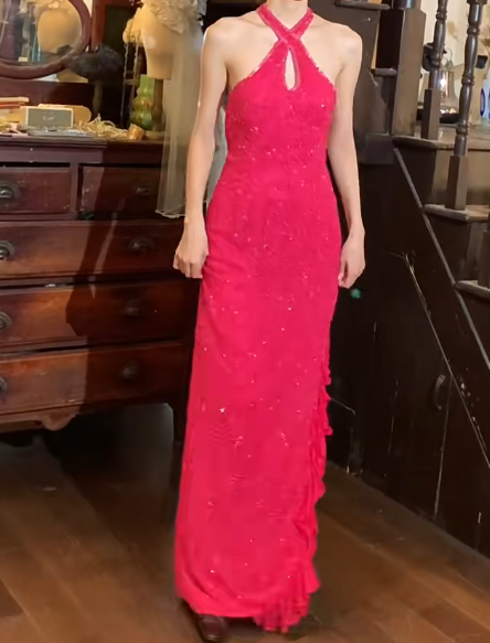 Beauty 90s Prom Dress Hot Pink Halter Birthday Party Dress Gala Gown Evening Dress  D5297