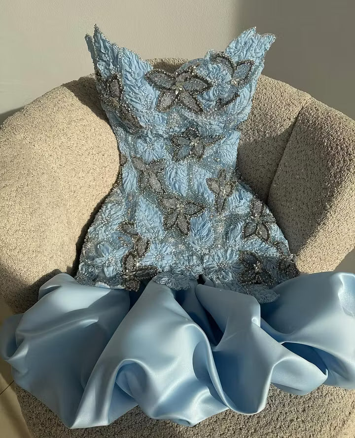 Chic Homecoming Dress Strapless Pleaed Beading Flower Rinestone Back to School Outfits Party Dress  D7400