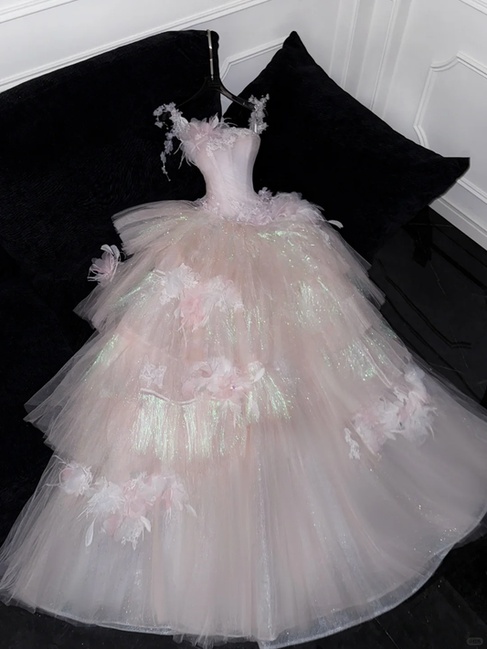 Stunning Pink A-Line Tulle Beaded Long Evening Party Dress Birthday Ball Gown, D981