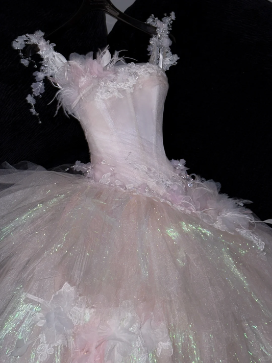 Stunning Pink A-Line Tulle Beaded Long Evening Party Dress Birthday Ball Gown, D981