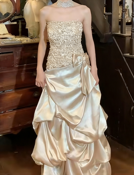 Charming 90s Prom Dress Satin Strapless Pleated Gala Gown Evening Dress  D5301