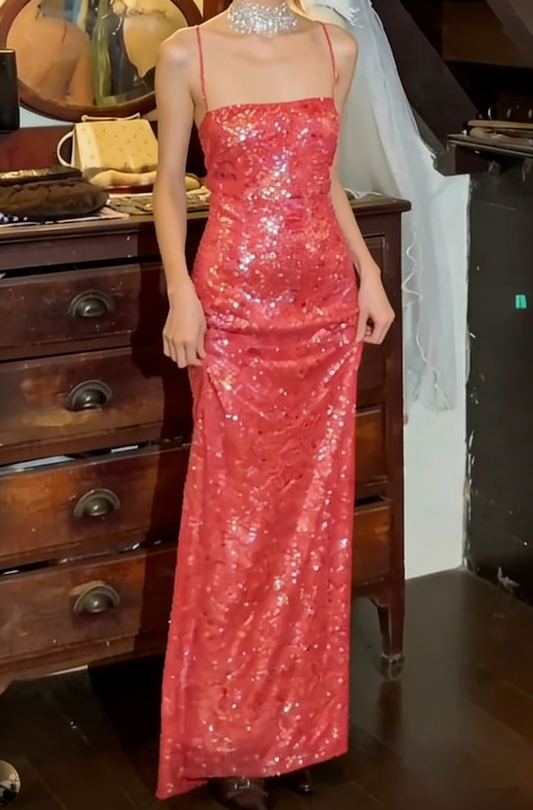 Shiny 90s Prom Dress Spaghetti Straps Gala Gown Evening Dress   D5303