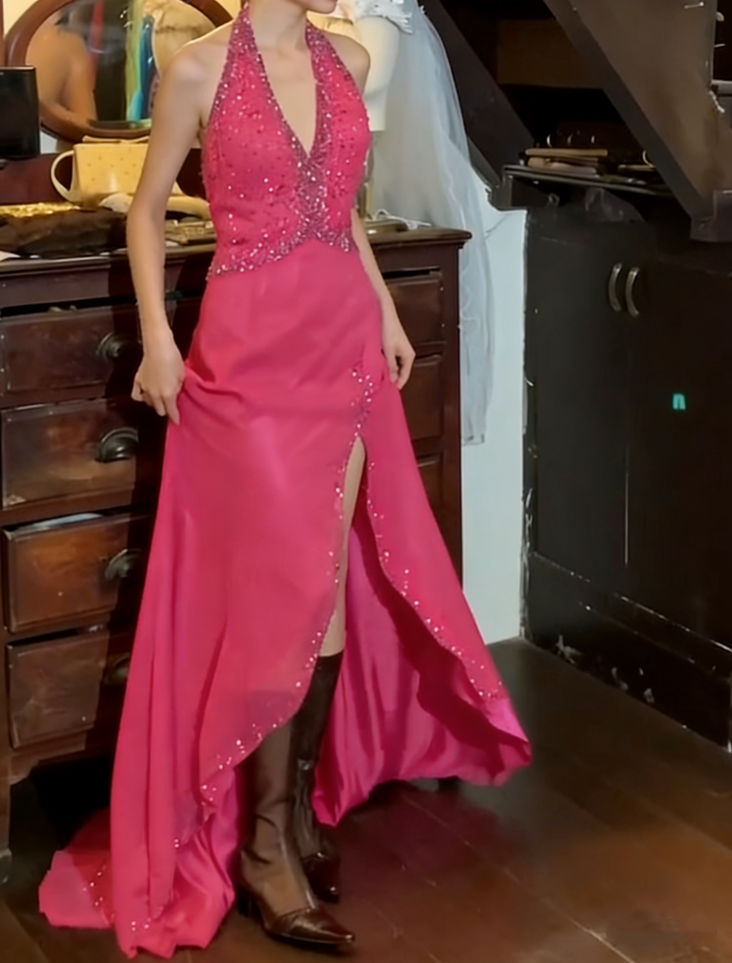 Charming 90s Prom Dress Halter Beading Slit Gala Gown Evening Dress   D5312