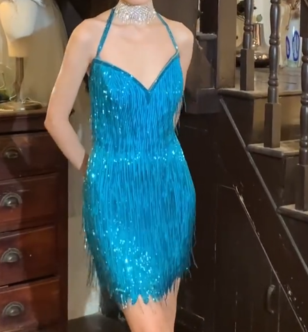 Shiny 90s Prom Dress Blue Halter Gala Gown Evening Dress Cocktail Dress   D5314