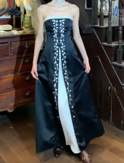 Retro 90s Prom Dress A Line Strapless Gala Gown Evening Dress Formal Dress   D5315