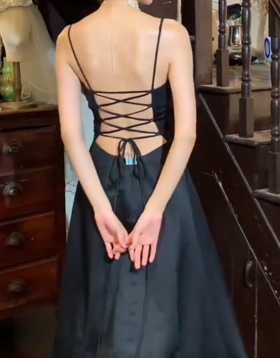 Retro 90s Prom Dress A Line Black Spaghetti Straps Gala Gown Evening Dress  D5318