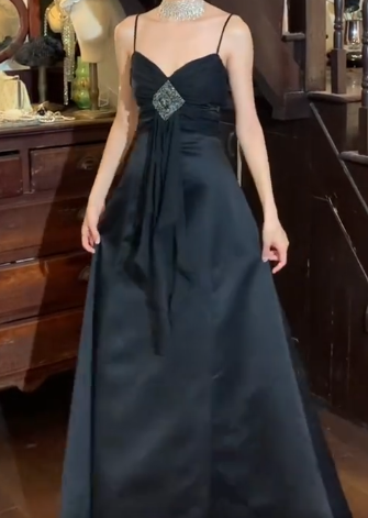 Retro 90s Prom Dress A Line Black Spaghetti Straps Gala Gown Evening Dress  D5318