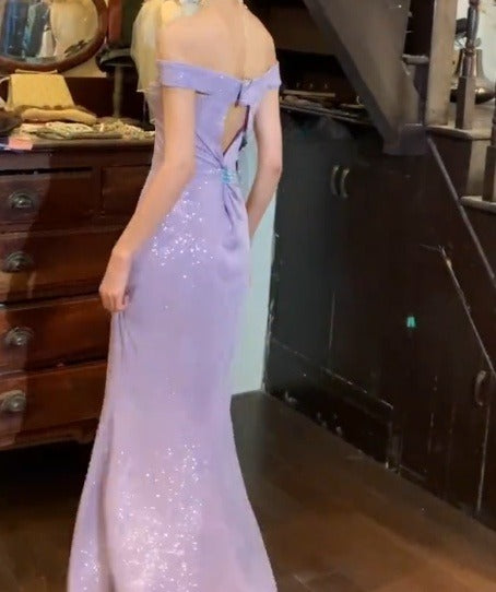 Shiny Prom Dress Light Purple Off Shoulder Gala Gown Evening Dress  D5319