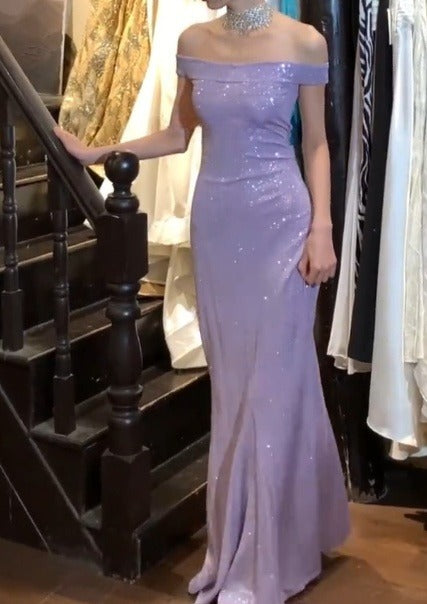 Shiny Prom Dress Light Purple Off Shoulder Gala Gown Evening Dress  D5319
