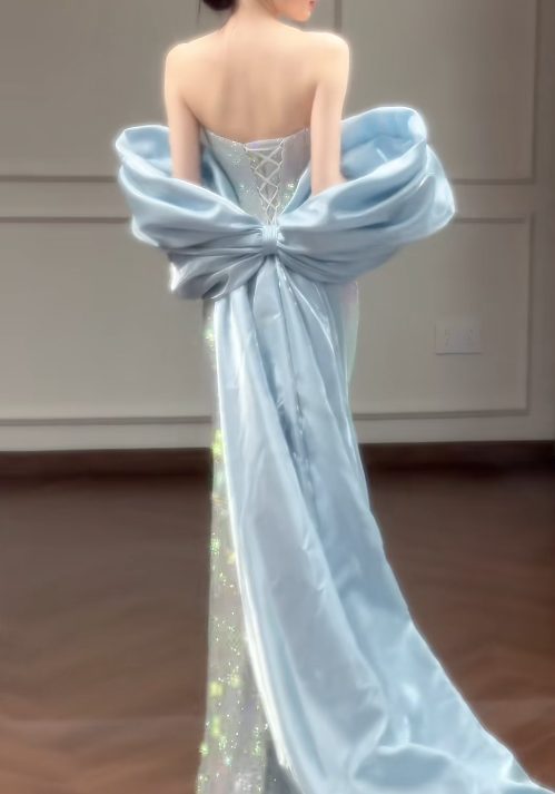 Shiny Prom Dress Strapless Pleated Gala Dress Evening Dress 18th Birthday Gown      D5330