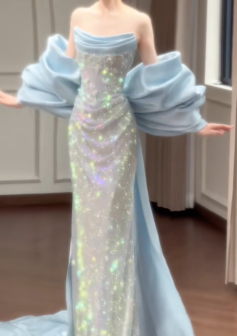 Shiny Prom Dress Strapless Pleated Gala Dress Evening Dress 18th Birthday Gown      D5330