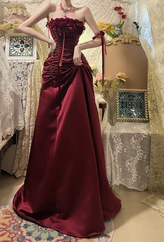Stunning Prom Dress A Line Wine Red Strapless Pleated Gala Dress Evening Dress 18th Birthday Gown      D5334