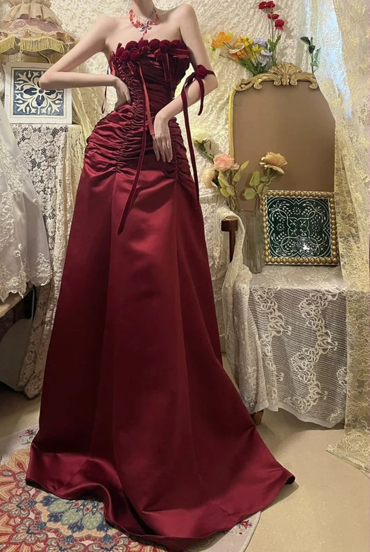 Stunning Prom Dress A Line Wine Red Strapless Pleated Gala Dress Evening Dress 18th Birthday Gown      D5334