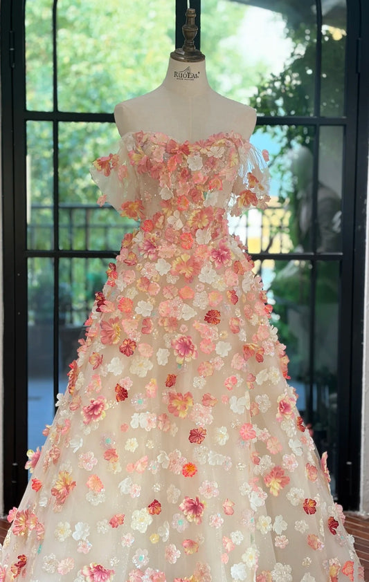 New Arrival Prom Dress A Line Off Shoulder Floral Gala Dress Evening Dress 18th Graduation Gown      D5335